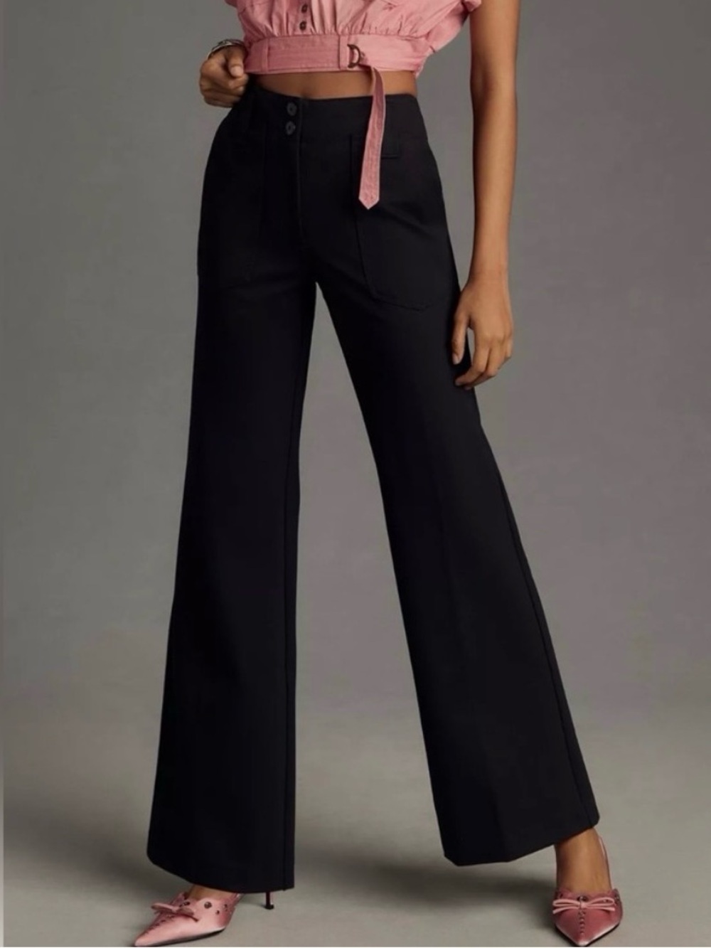 Maeve Anthropologie The Naomi Ponte Wide Leg Flare Black Pants Work Office